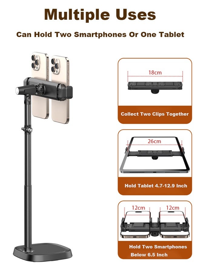 بكومور حامل مزدوج للهواتف والأجهزة اللوحية - ارتفاع قابل للتعديل من 30 إلى 45 سم، حامل مكتبي قابل للدوران 360 درجة للهواتف (أقل من 6.5 بوصة) والأجهزة اللوحية (من 4.7 إلى 12.9 بوصة)، مشبك مزدوج عالمي، بث مباشر، فيديو بدون استخدام اليدين، مناسب للمكتب والمنزل - Image 2